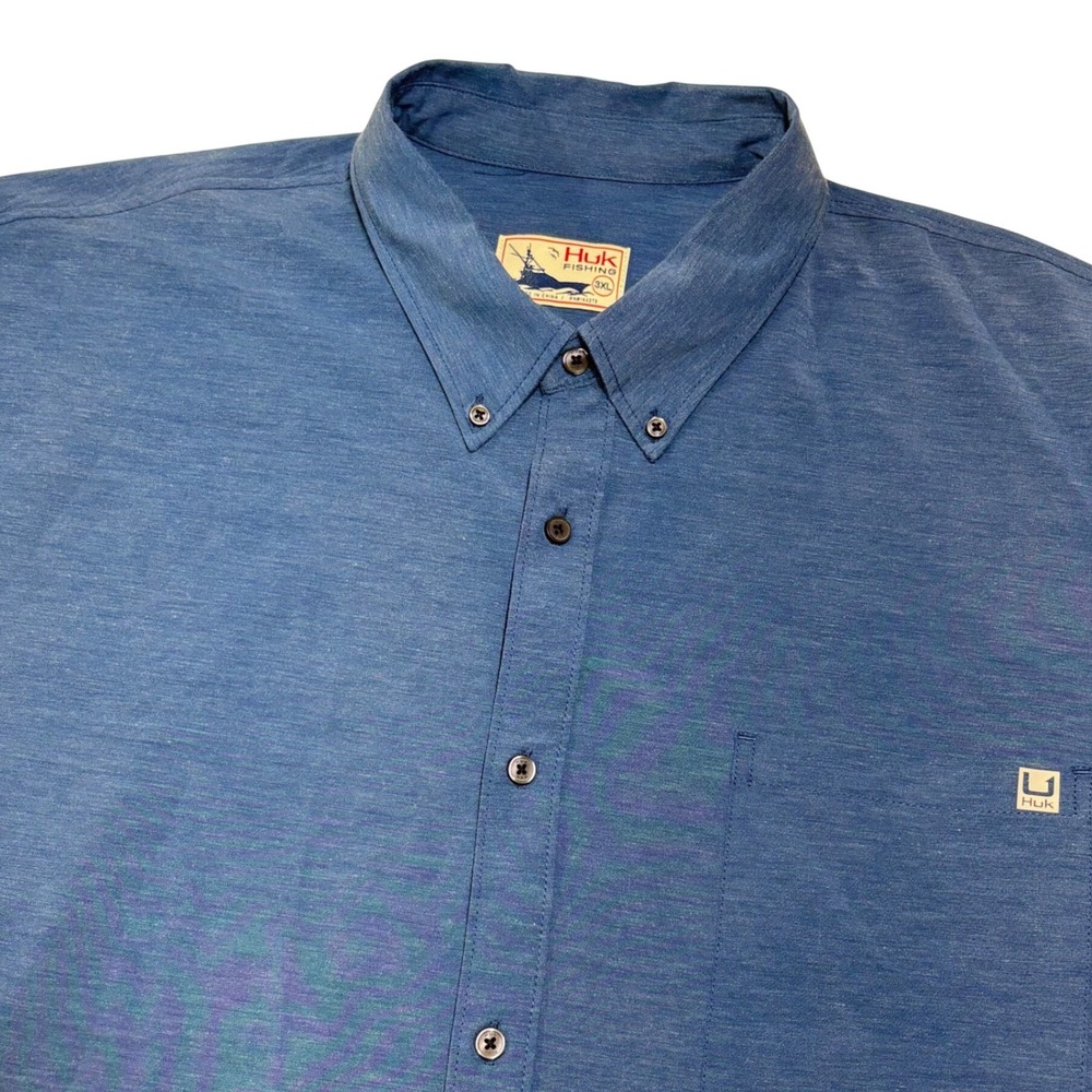 Huk Fishing‎ Mens 3XL Short Sleeve Button Down Shirt Heather Blue Stretch Vent